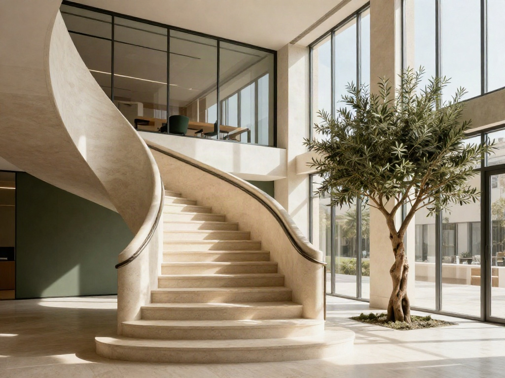 Sunlight illuminating an ascending curved staircase in a contemporary corporate atrium