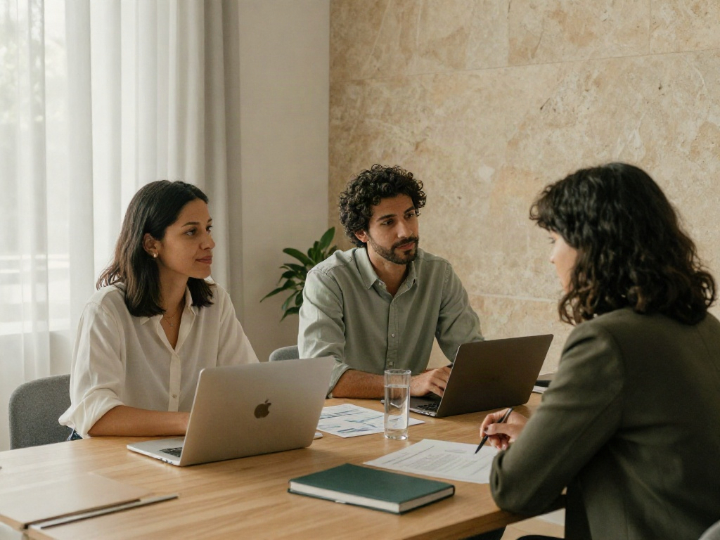 Three professionals collaborating on charts and priorities during a business strategy session